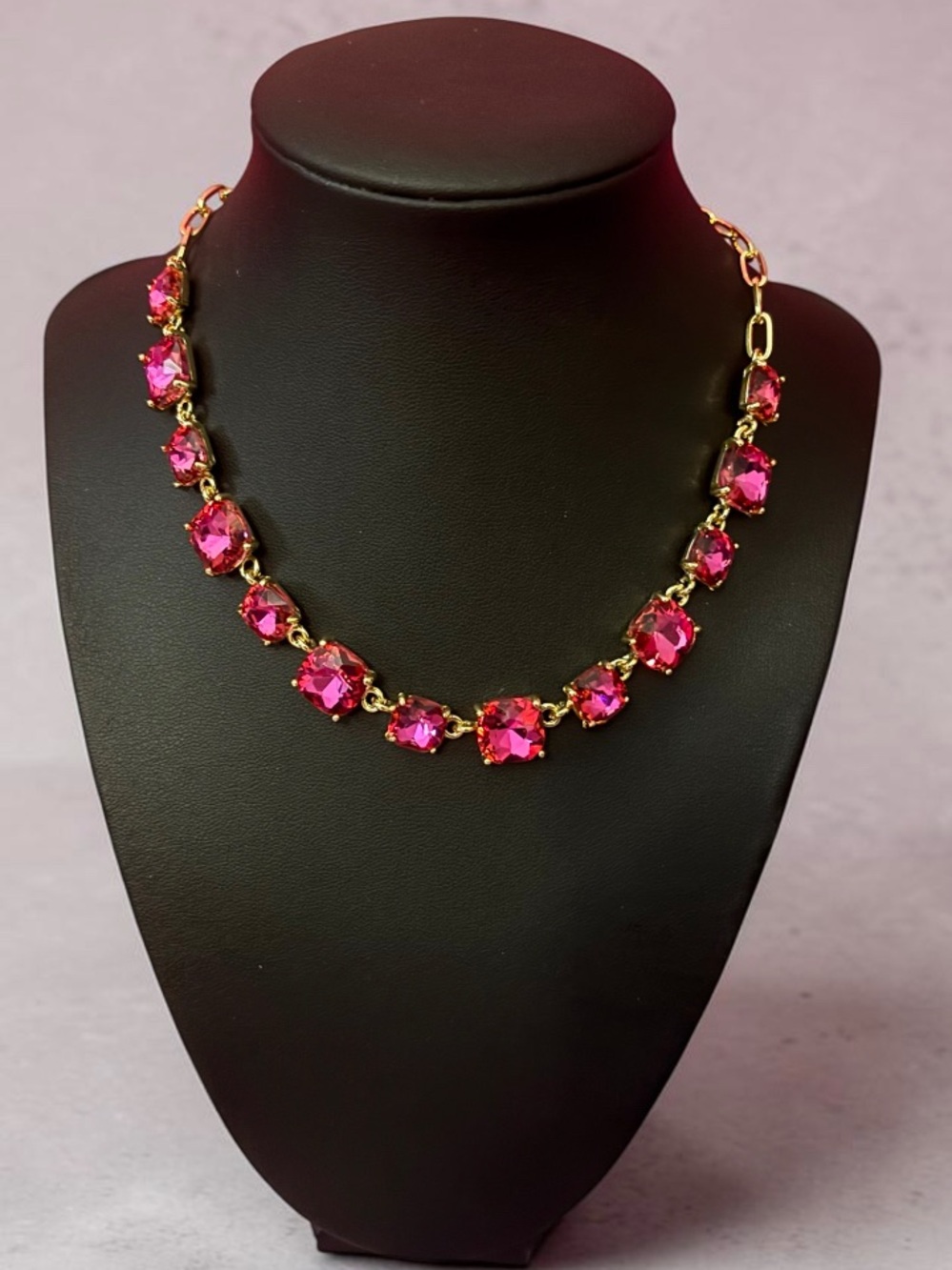Cranberry Rose Cushion Glass Cut Link Rectangle Necklace